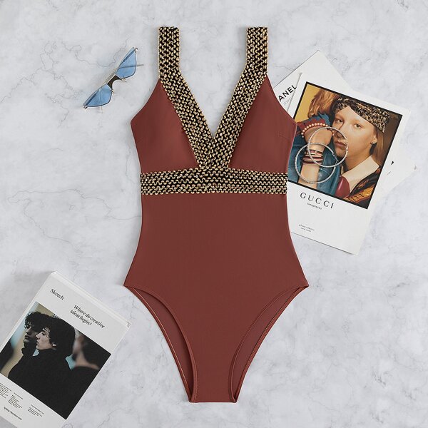 

Contrast Trim One Piece Swimsuit, Rust brown