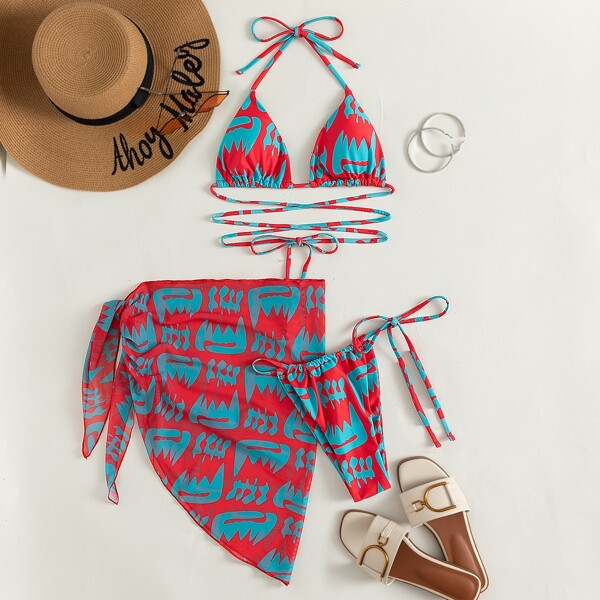 

3pack Allover Print Triangle Bikini Swimsuit & Beach Skirt, Multicolor