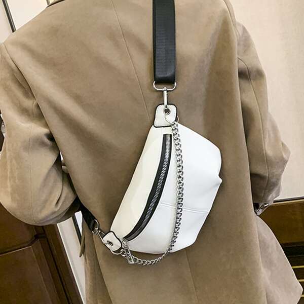 

Chain Zip Detail Fanny Pack, White