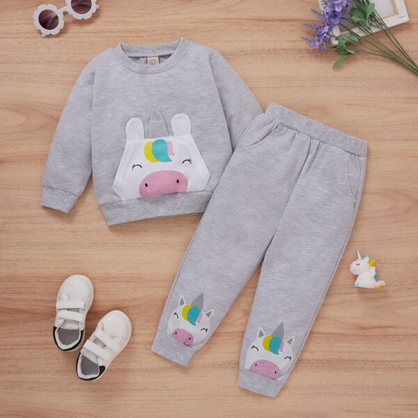 

Toddler Girls Cartoon Graphic 3D Ears Design Sweatshirt & Sweatpants, Grey