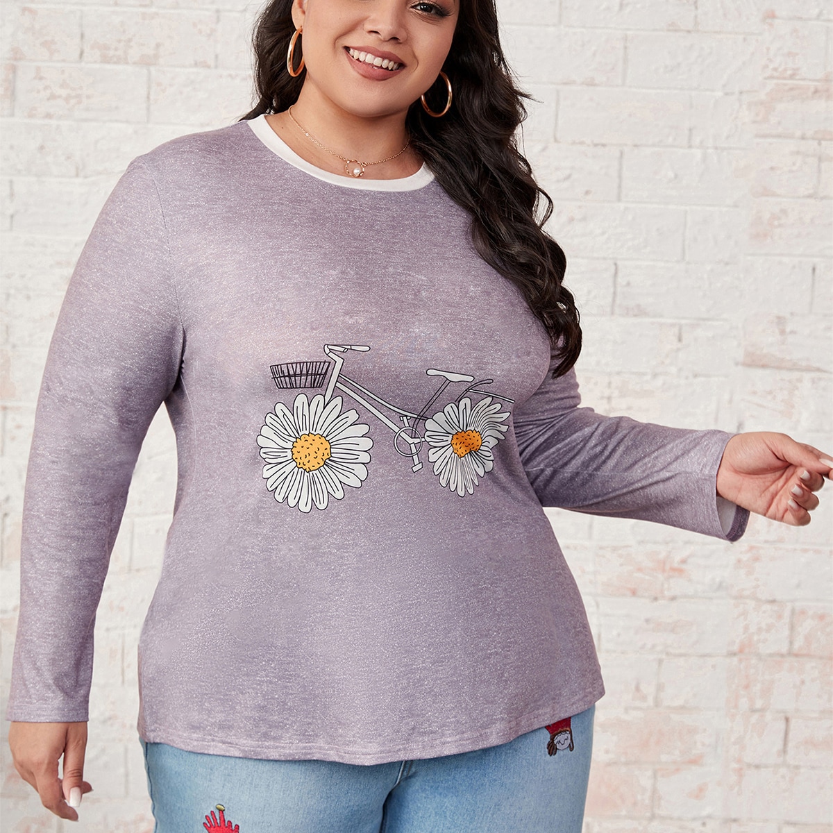 размера плюс Футболка с цветочным рисунком & Велосипед узором