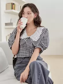 DAZY 雙色格子誇大領口燈籠袖襯衫 - 黑與白 - 查看 1