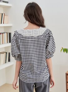 DAZY 雙色格子誇大領口燈籠袖襯衫 - 黑與白 - 查看 2