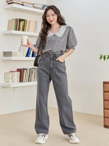 DAZY 雙色格子誇大領口燈籠袖襯衫 - 黑與白 - 查看 3