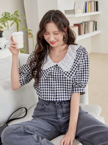 DAZY 雙色格子誇大領口燈籠袖襯衫 - 黑與白 - 查看 4