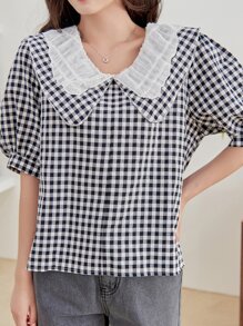 DAZY 雙色格子誇大領口燈籠袖襯衫 - 黑與白 - 查看 5