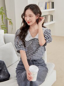 DAZY 雙色格子誇大領口燈籠袖襯衫 - 黑與白 - 查看 6