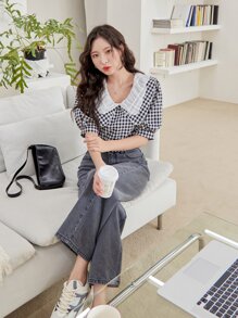 DAZY 雙色格子誇大領口燈籠袖襯衫 - 黑與白 - 查看 7