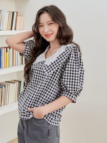 DAZY 雙色格子誇大領口燈籠袖襯衫 - 黑與白 - 查看 8