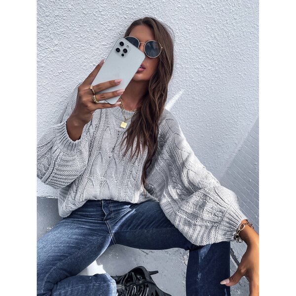 

Bishop Sleeve Cable Knit Sweater, Light grey