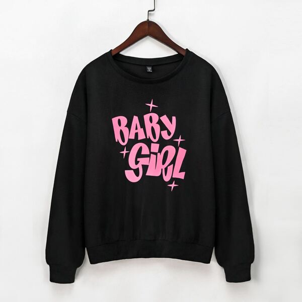 

Plus Star And Letter Graphic Drop Shoulder Pullover, Black