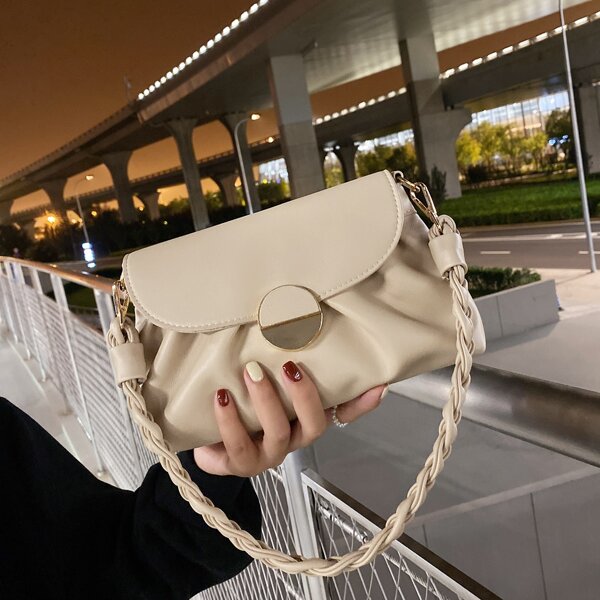

Minimalist Flap Shoulder Ruched Bag, Beige