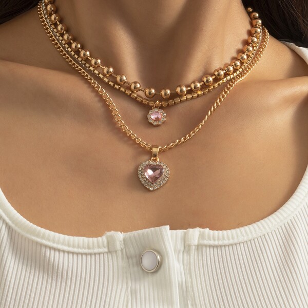 

3pcs Rhinestone Heart Charm Necklace, Gold