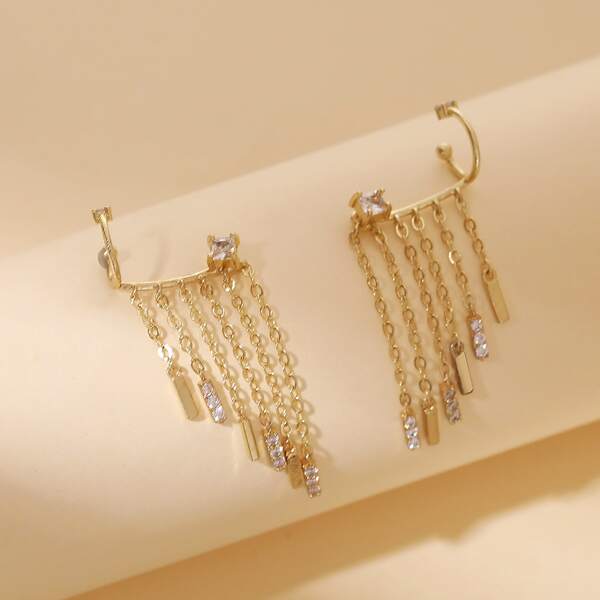 

Zircon & Chain Decor Earrings, Gold