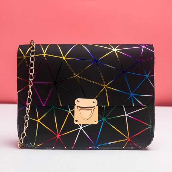 

Geometric Graphic Push Lock Chain Crossbody Bag, Black