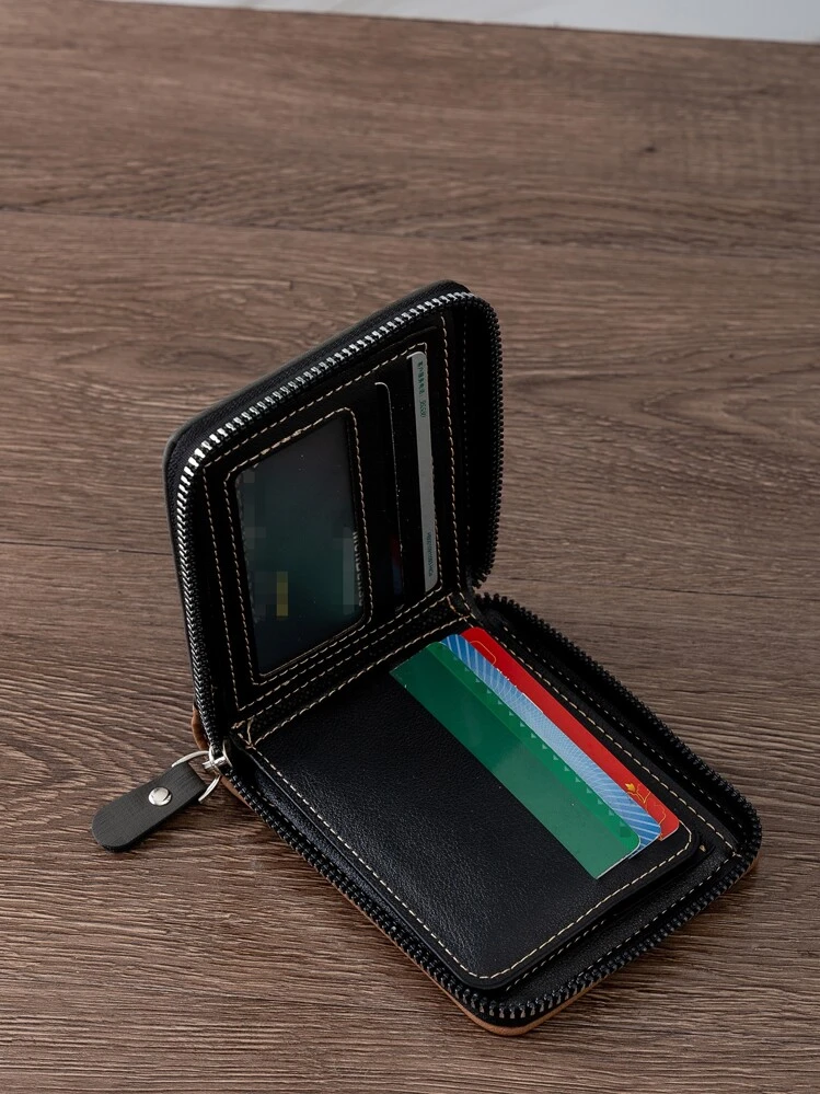 Billetera pequeña con gráfico de letras para hombres, regalo para padres, delgada, ligera y portátil para efectivo, identificación, tarjetas de crédito, con bolsillo para monedas, billetera corta, pequeña cartera, bolso pequeño, billetera de bolsillo, para regalo de cumpleaños, aniversario, San Valentín, pareja, hombre, estudiante universitario, bolsa de regalo - Negro - Ver 2