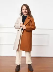 SHEIN Girls Lapel Neck Two Tone Overcoat - Multicolor - View 3
