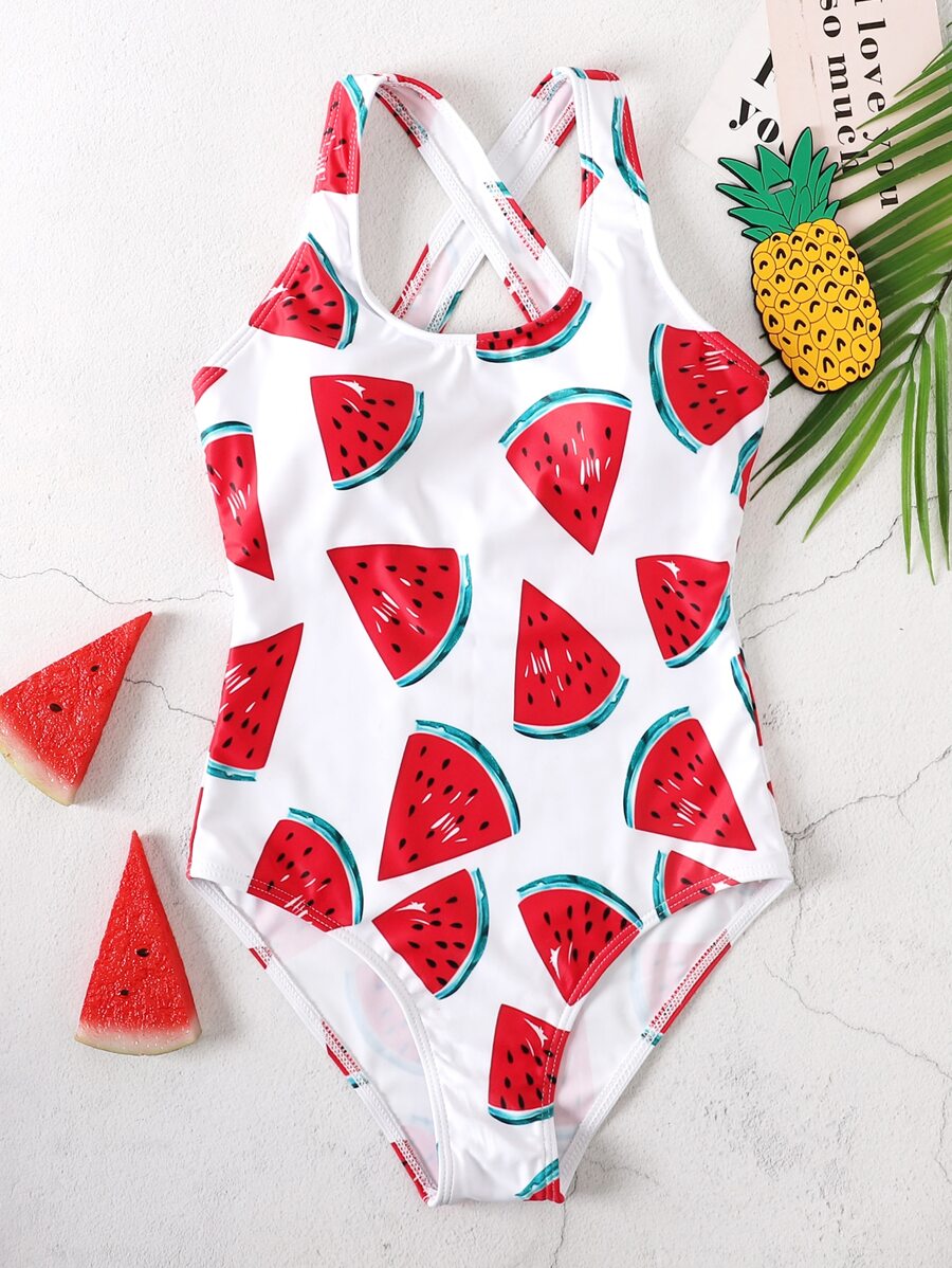 Girls Watermelon Print One Piece Swimsuit - Multicolor - View 1