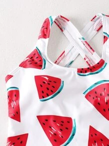 Girls Watermelon Print One Piece Swimsuit - Multicolor - View 4