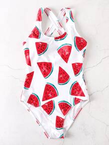 Girls Watermelon Print One Piece Swimsuit - Multicolor - View 5