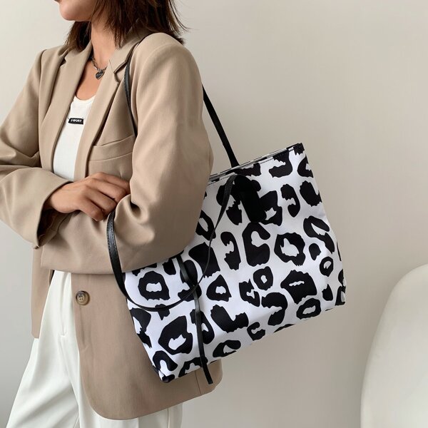 

Allover Leopard Pattern Shoulder Tote Bag, Black and white