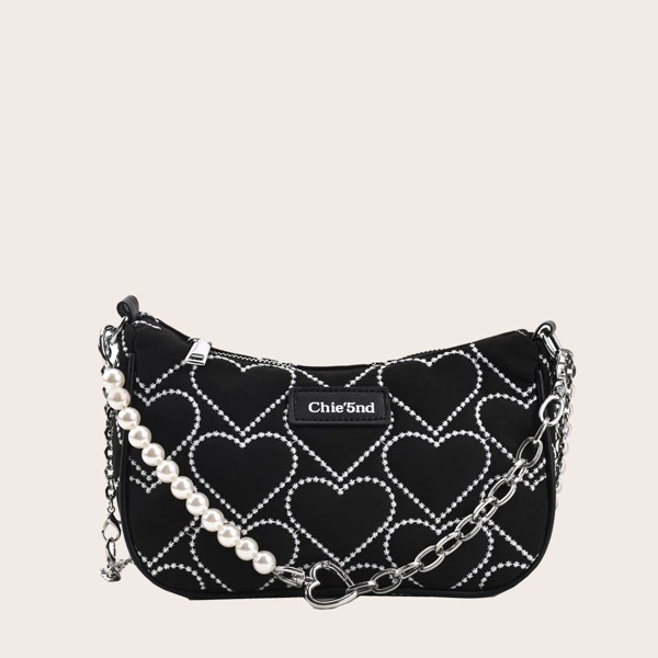 

Heart Pattern Faux Pearls Decor Shoulder Bag, Black