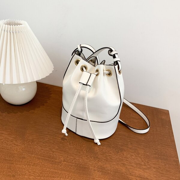 

Large Capacity Drawstring Design Bucket Bag, White