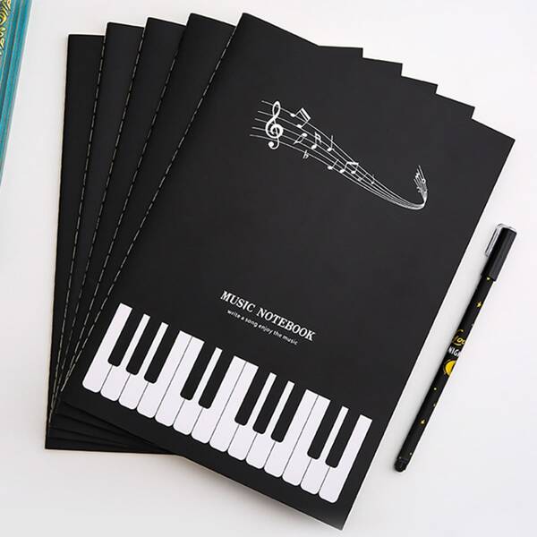 

2pcs Piano Print Notebook, Black
