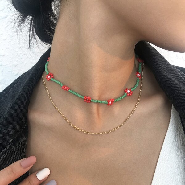 

2pcs Bead Decor Necklace, Multicolor