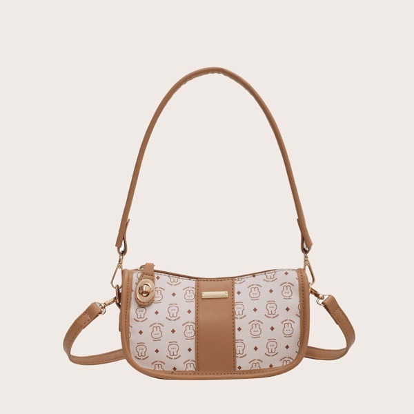 

Metal Decor Cartoon Graphic Shoulder Bag, Khaki