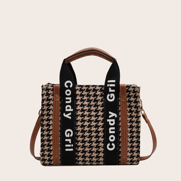 

Letter Graphic Houndstooth Pattern Square Bag, Brown