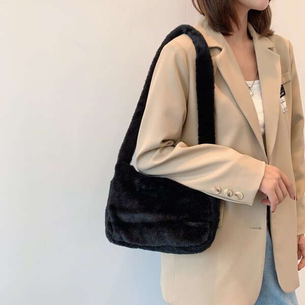 

Minimalist Fluffy Shoulder Bag, Black