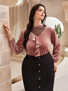 SHEIN LUNE 大碼波點網紗拼接荷葉邊絲絨T恤 - 藕粉色 - 查看 1