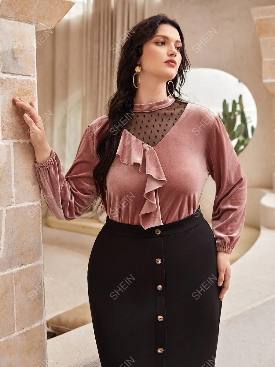 SHEIN LUNE Camiseta de malla jacquard ribete con fruncido de terciopelo - Rosa vieja - Ver 1