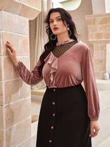 SHEIN LUNE 大碼波點網紗拼接荷葉邊絲絨T恤 - 藕粉色 - 查看 3