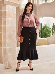 SHEIN LUNE 大碼波點網紗拼接荷葉邊絲絨T恤 - 藕粉色 - 查看 4