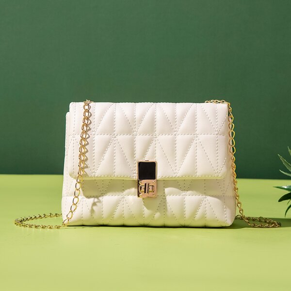

Quilted Turn-lock Chain Crossbody Bag, White