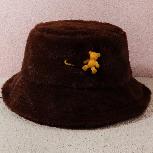 

Safety Pin Decor Plush Bucket Hat, Rust brown