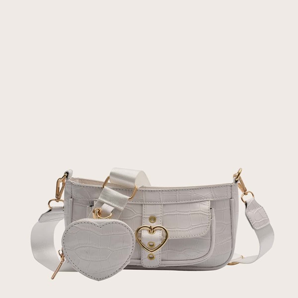

Croc Embossed Flap Crossbody Bag With Coin Case, Beige