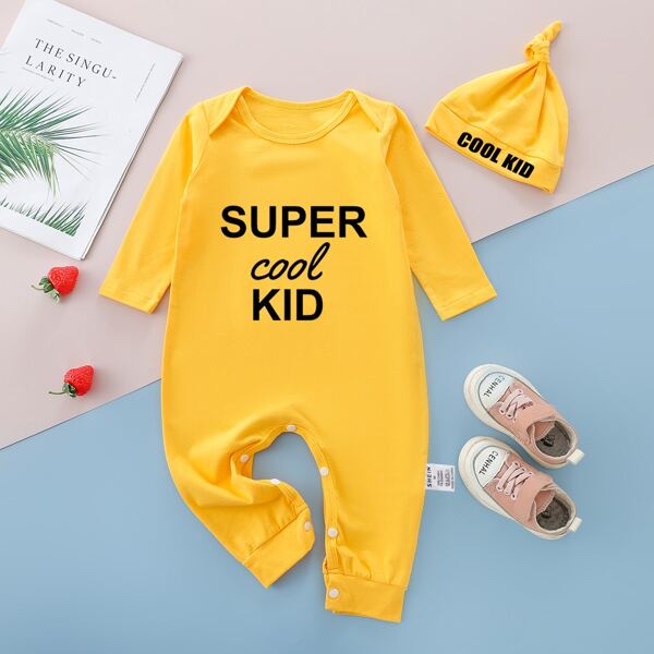 

Baby Unisex Slogan Print Button Detail Jumpsuit With 1 Hat, Yellow
