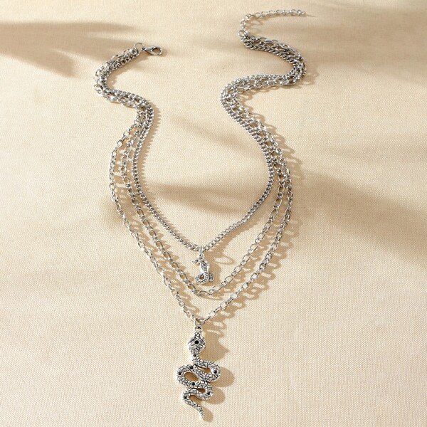 

Snake Charm Layered Necklace, Silver