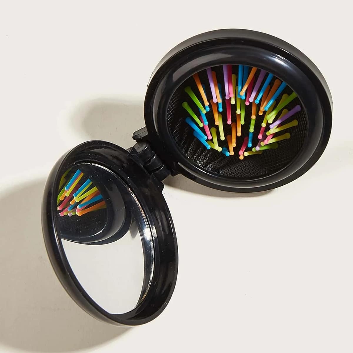 

1pc Folding Hair Comb With Mirror, Black