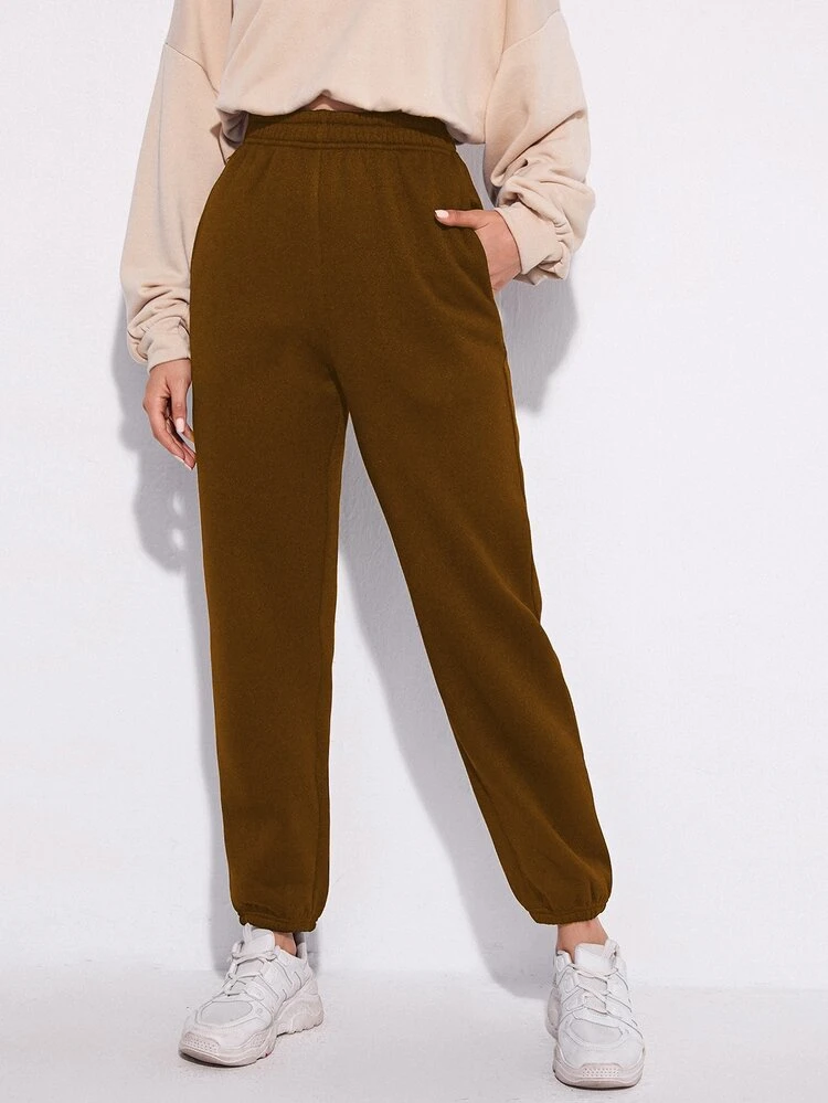 SHEIN Unity Elastic Waist Solid Sweatpants - Brown - View 1