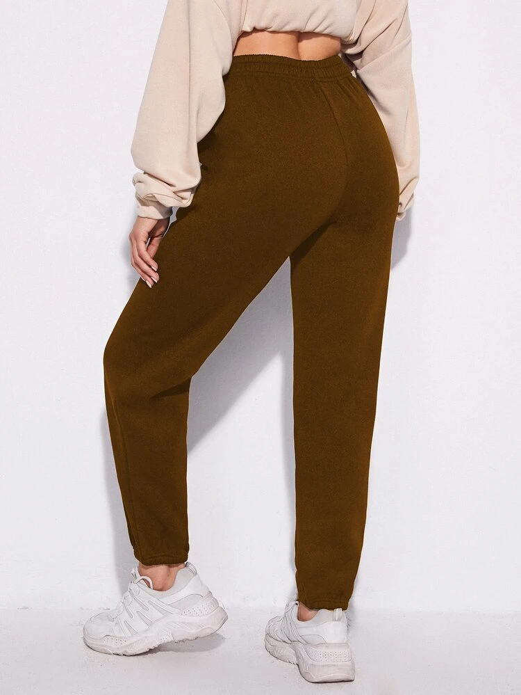 SHEIN Unity Elastic Waist Solid Sweatpants - Brown - View 2
