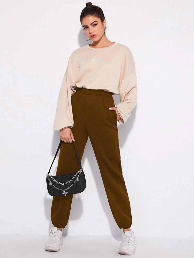 SHEIN Unity Elastic Waist Solid Sweatpants - Brown - View 3