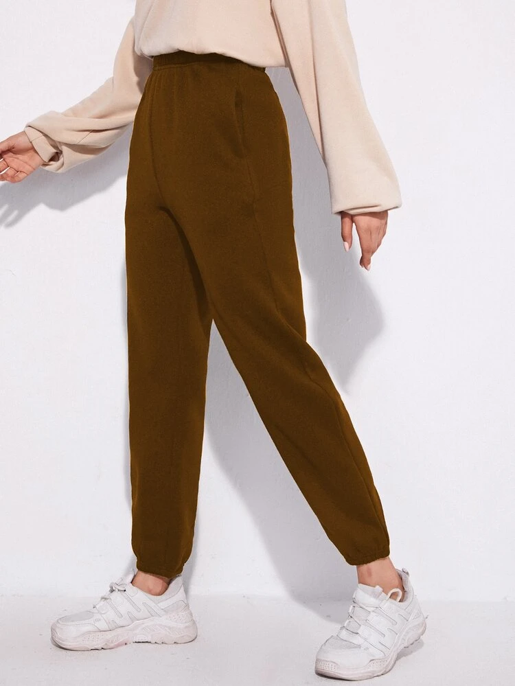 SHEIN Unity Elastic Waist Solid Sweatpants - Brown - View 4