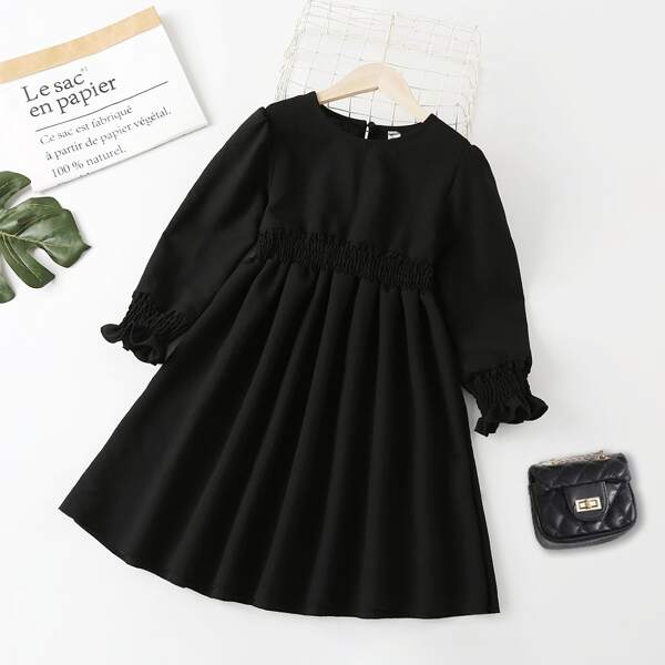 

Girls Flounce Sleeve Keyhole Back Shirred Dress, Black