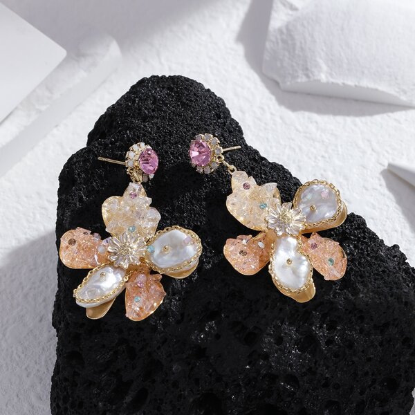 

14K позолоченные серьги с искусственным жемчугом, Кораллово-розовый