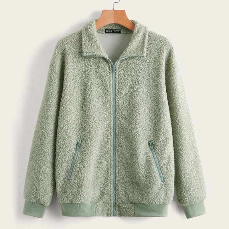 

Solid Zip Up Teddy Jacket, Mint green
