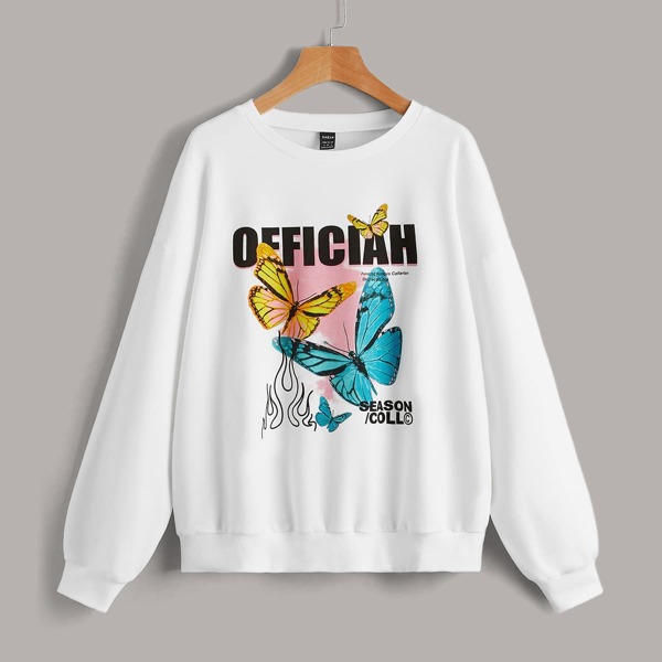 

Butterfly And Letter Graphic Oversized Sweatshirt, White